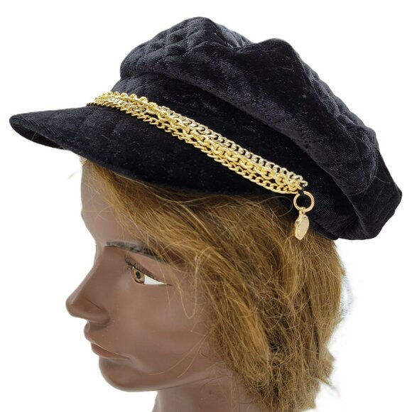 Vince Camuto Black Quilted Velvet Baker Boy Hat W/ Gold Chain Accent NWT - Picture 10 of 14